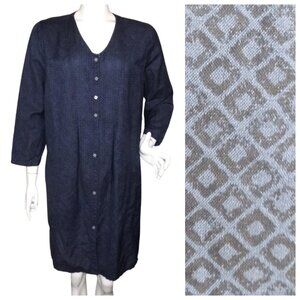 GUDRUN SJODEN Dress, L, Navy Blue/Black Square/diamond,Button front, Linen blend
